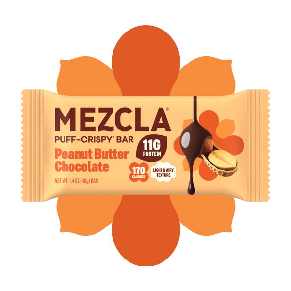 Mezcla Puff-Crispy Bar package in Peanut Butter Chocolate flavor with 11g protein and 170 calories, displayed on orange flower background