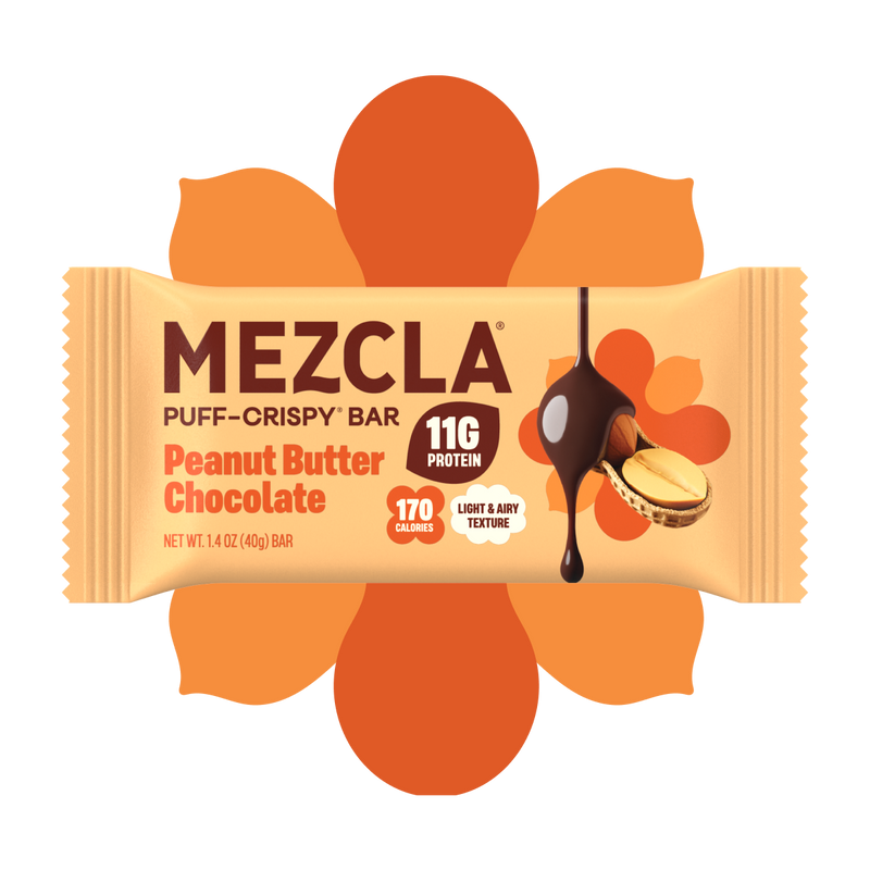 Mezcla Puff-Crispy Bar package in Peanut Butter Chocolate flavor with 11g protein and 170 calories, displayed on orange flower background