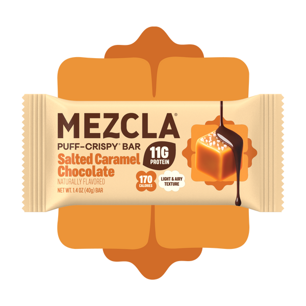 Mezcla Puff-Crispy Bar in Salted Caramel Chocolate flavor with 11g protein and 170 calories, featuring orange packaging and caramel cube graphic