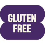 Purple rounded rectangular badge with white text reading "GLUTEN FREE"