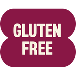 Burgundy rounded badge with "GLUTEN FREE" text in cream colored letters