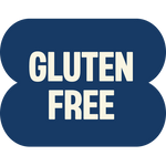 Navy blue rounded badge with white text reading "GLUTEN FREE"