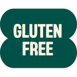 Dark green rounded badge with "GLUTEN FREE" text in bold white letters