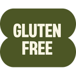 Green rounded badge icon with "GLUTEN FREE" text in cream colored letters