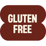 Brown rounded badge with cream-colored text reading "GLUTEN FREE" in bold capital letters