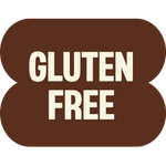 Brown rounded badge icon with cream-colored text reading "GLUTEN FREE" in bold capital letters