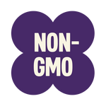 Purple four-leaf clover icon with "NON-GMO" text in white letters