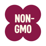 Burgundy four-leaf clover icon with white "NON-GMO" text in the center
