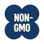 Dark blue four-leaf clover shape with white "NON-GMO" text in the center