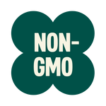 Dark green four-leaf clover shape with "NON-GMO" text in cream/beige letters centered inside