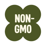 Green four-leaf clover shape with "NON-GMO" text in cream colored letters