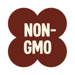 Dark red four-leaf clover shape with cream-colored "NON-GMO" text in the center