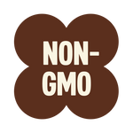 Brown four-leaf clover icon with "NON-GMO" text in cream lettering