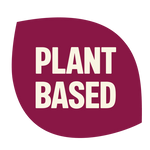 Burgundy rounded square icon with cream-colored text reading "PLANT BASED" in bold uppercase letters