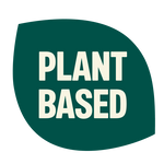 Dark green rounded badge with white text reading "PLANT BASED"