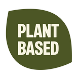 Green organic-shaped badge with "PLANT BASED" text in white/cream lettering