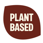 Brown circular badge with cream-colored text reading "PLANT BASED"