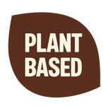 Brown circular badge with cream-colored text reading "PLANT BASED"