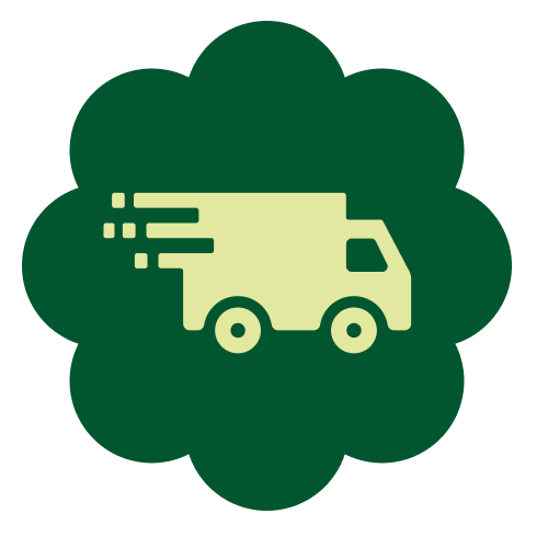 Green circular badge with light yellow delivery truck icon showing speed lines, representing fast shipping service