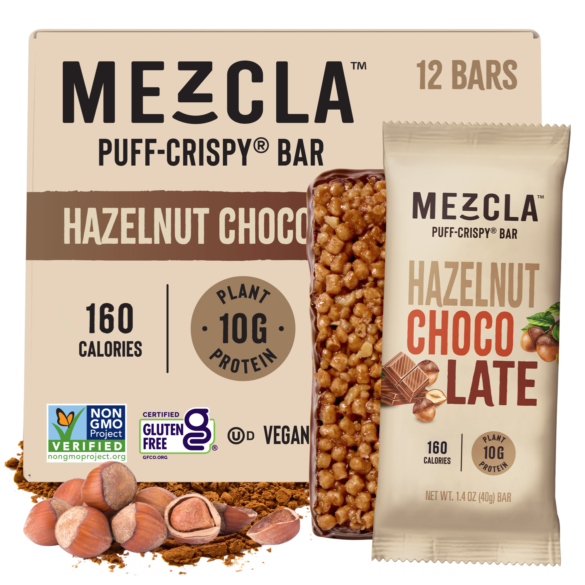MEZCLA Hazelnut Chocolate Puff-Crispy protein bars packaging showing 12-bar box and single bar wrapper with hazelnuts and chocolate pieces