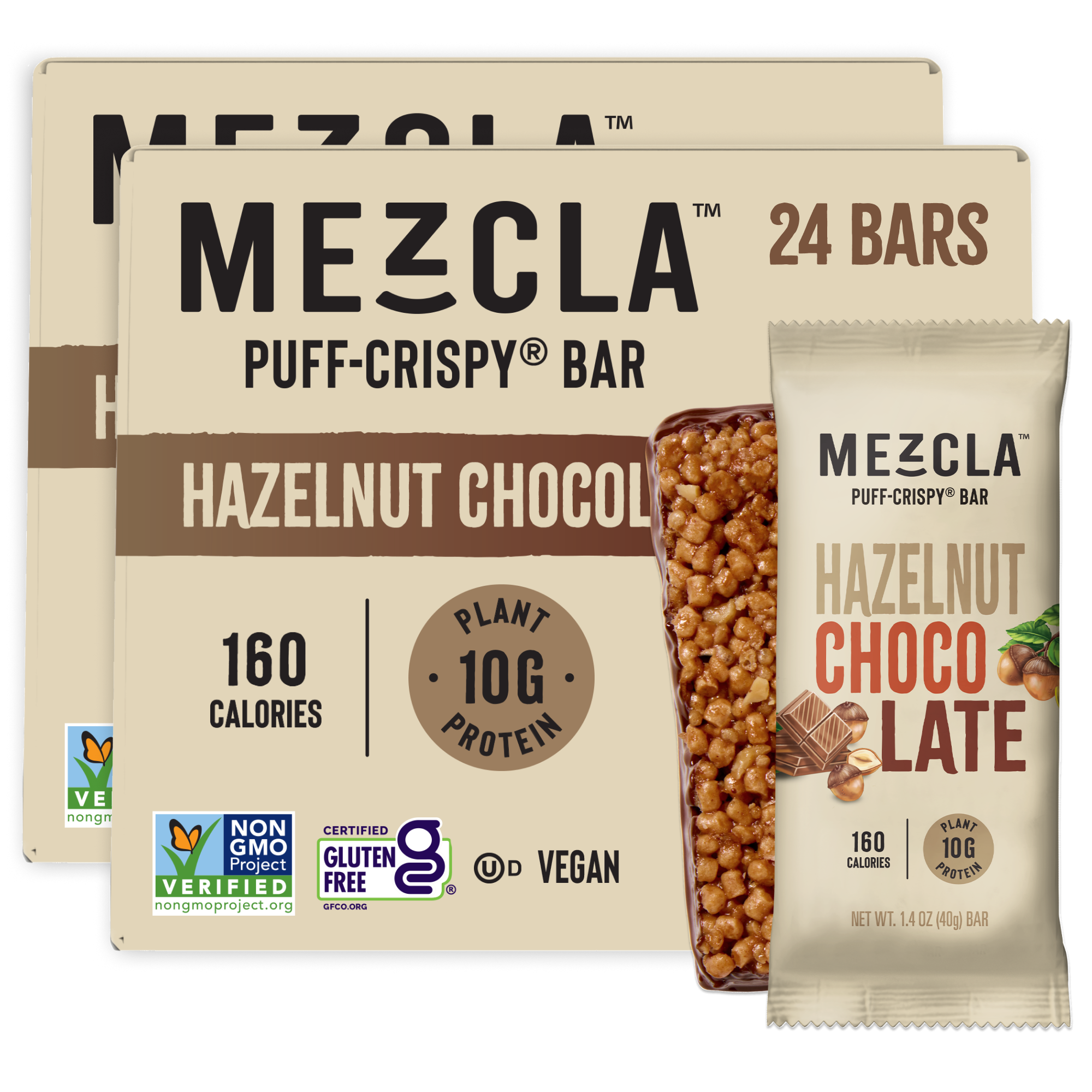 Mezcla hazelnut chocolate protein bars, showing 24-bar box and individual wrapper with plant-based ingredients and nutritional info