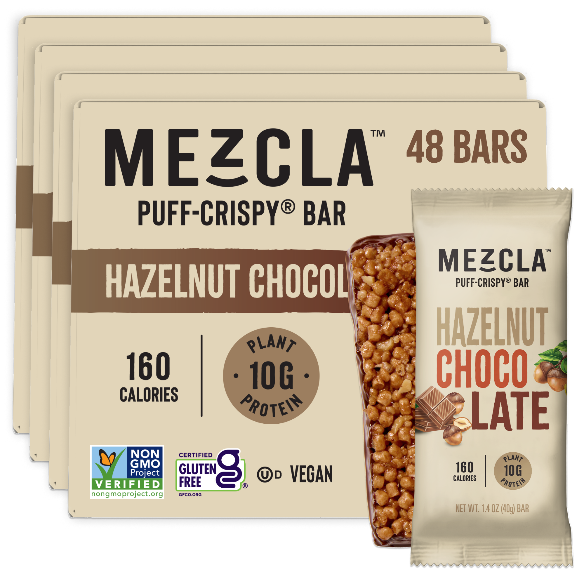 Mezcla Hazelnut Chocolate protein bars packaging showing 48-bar bulk pack with individual wrapper, featuring plant-based ingredients and nutrition info