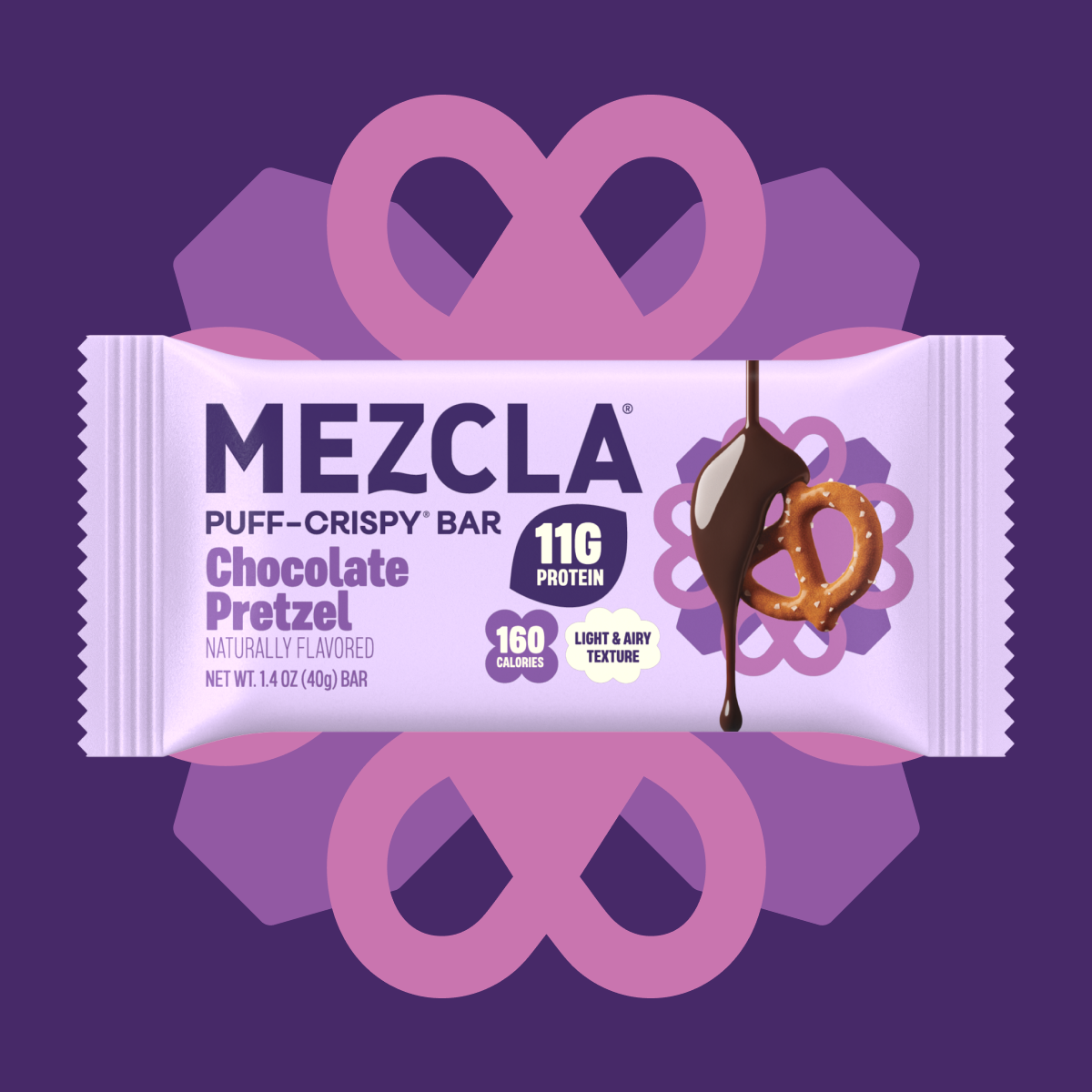 MEZCLA Chocolate Pretzel Puff-Crispy Bar package with purple design, showing 11g protein and 160 calories, featuring pretzel with chocolate drip illustration