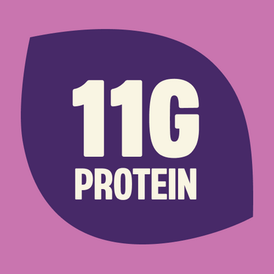 Purple circular badge on pink background displaying "11G PROTEIN" in large white text