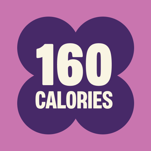 Purple flower-shaped badge on pink background displaying "160 CALORIES" in white text