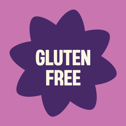 Purple star-shaped badge with white "GLUTEN FREE" text on pink background