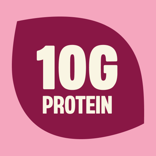 Pink and burgundy graphic with "10G PROTEIN" text in cream-colored letters on a rounded square background