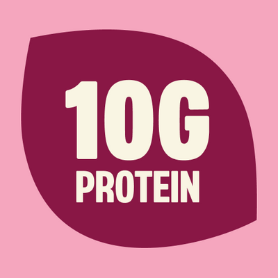 Pink and burgundy graphic with "10G PROTEIN" text in cream-colored letters on a rounded square background