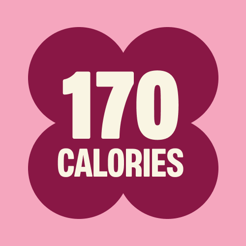 Pink background with dark burgundy flower shape containing white text "170 CALORIES"