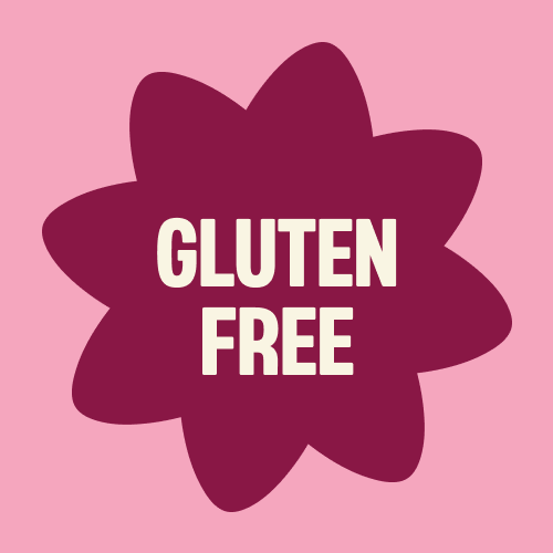 Pink badge with dark purple star shape containing white "GLUTEN FREE" text