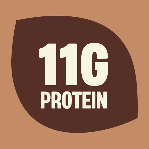 Brown rounded square badge with "11G PROTEIN" text in cream/beige lettering on orange background
