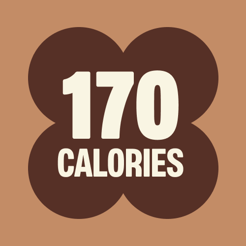 Brown flower-shaped badge on tan background displaying "170 CALORIES" in white text