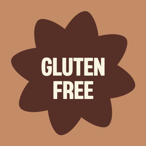 Brown star-shaped badge with white "GLUTEN FREE" text on tan background