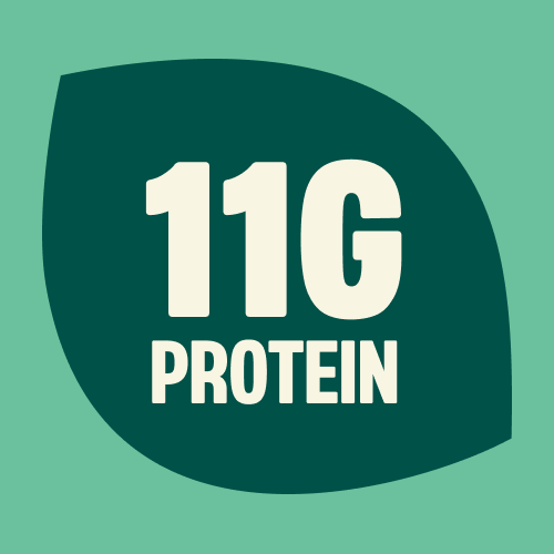 Green circular badge with "11G PROTEIN" text in white letters on dark teal background