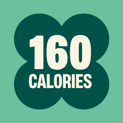 Green clover-shaped badge with "160 CALORIES" text in white lettering on dark green background