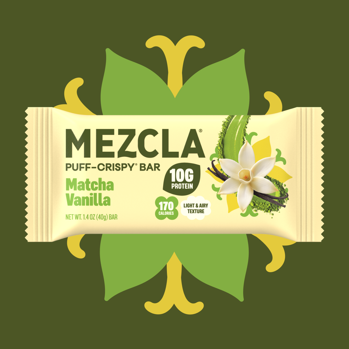 MEZCLA Matcha Vanilla puff-crispy protein bar wrapper with 10g protein, 170 calories, featuring vanilla flower and matcha powder on decorative green leaf background