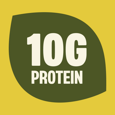 Yellow and green circular badge displaying "10G PROTEIN" in large white text