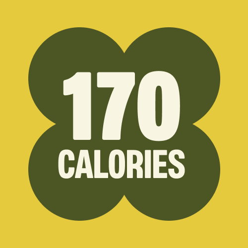 Green four-leaf clover shape on yellow background displaying "170 CALORIES" in white text