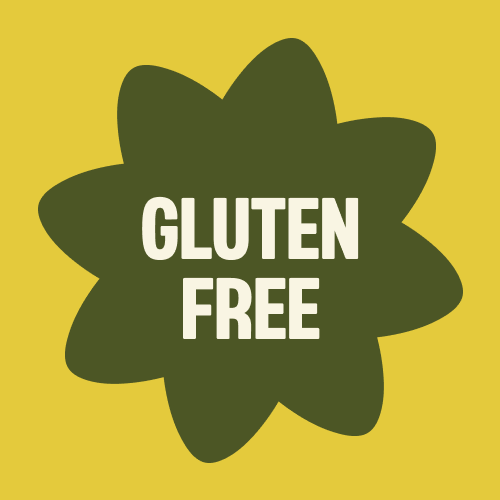 Green star-shaped badge with "GLUTEN FREE" text in white letters on yellow background