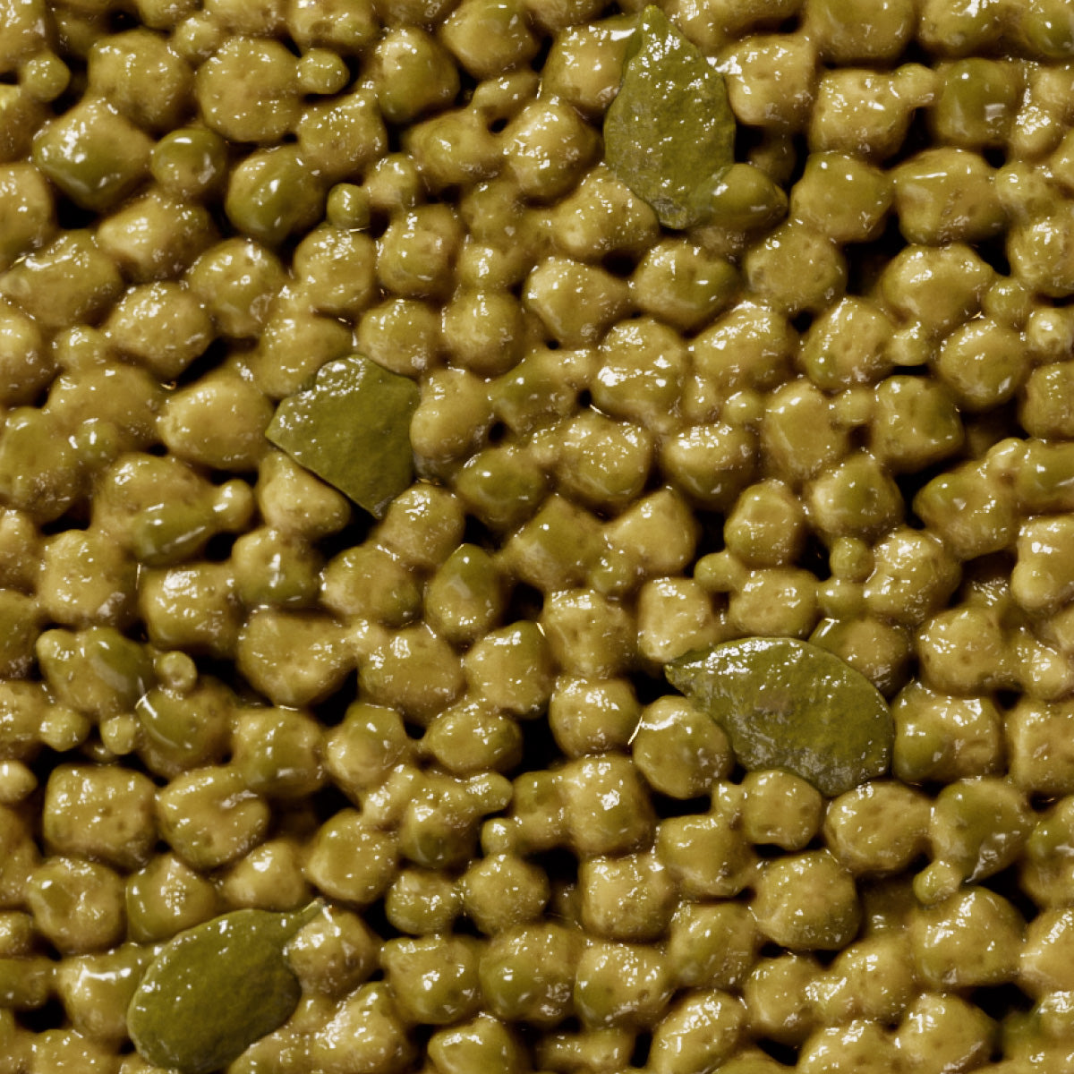 Close-up of glossy green mung beans or split peas with wet, shiny surface texture