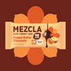 MEZCLA Puff-Crispy Bar in Peanut Butter Chocolate flavor, 11g protein, 170 calories, on orange flower background with chocolate drip design