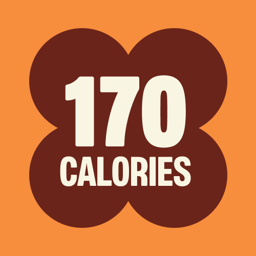 Orange background with dark brown flower-shaped badge displaying "170 CALORIES" in white text