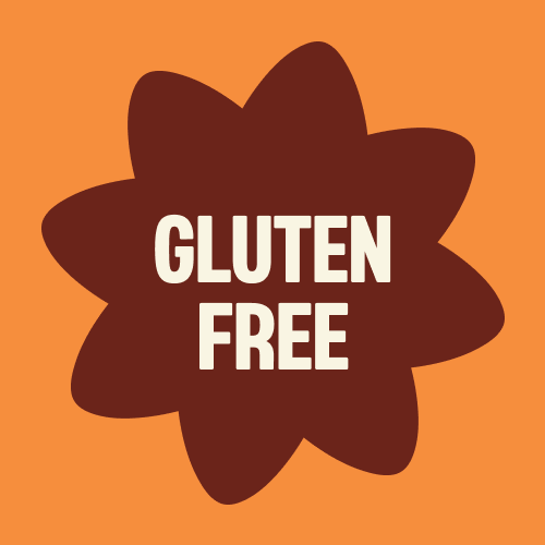Orange badge with dark red star shape containing white "GLUTEN FREE" text
