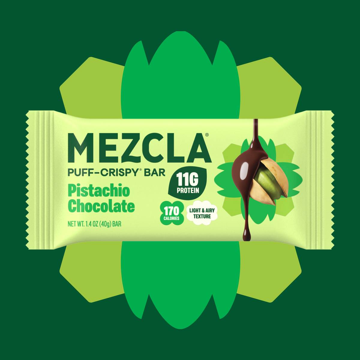MEZCLA Pistachio Chocolate Puff-Crispy Bar package with 11g protein and 170 calories, featuring green leaf design and chocolate-drizzled pistachio illustration