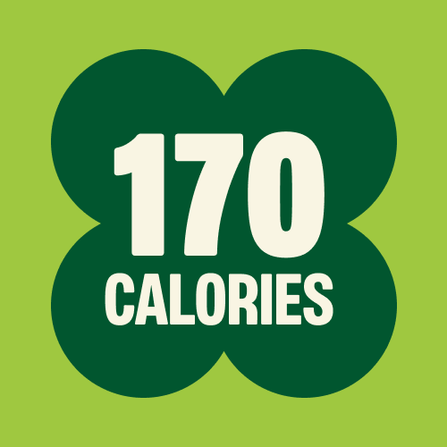 Green four-leaf clover shape on lime background with white text "170 CALORIES"