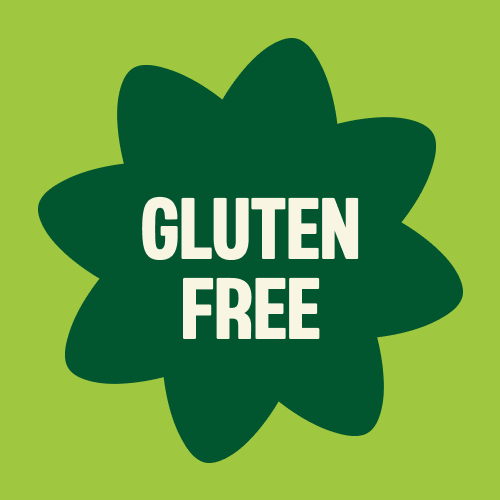 Green star-shaped badge with white "GLUTEN FREE" text on lime green background